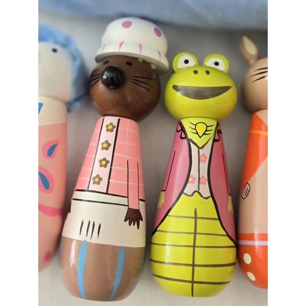 5 Peter Rabbit Wooden Skittles Beatrix Potter Orange Tree Toys W/ Pouch Cottage
